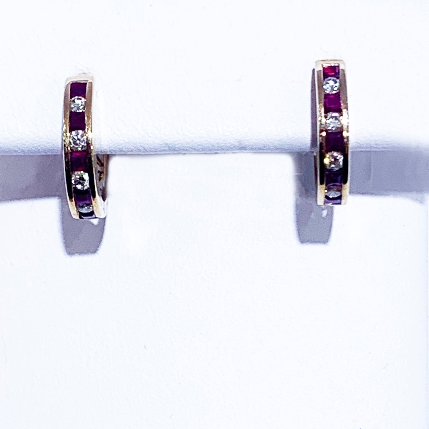 14k Yellow Gold Ruby Diamond Hoop Earrings