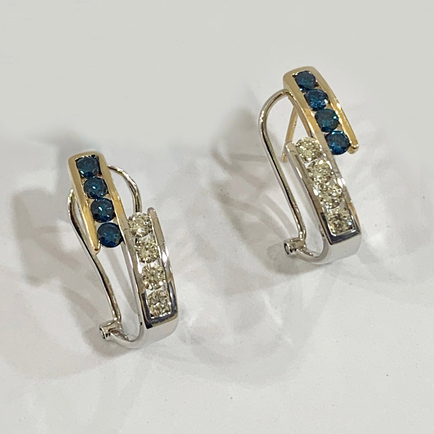 14k Two Tone Gold Blue Diamond Earrings