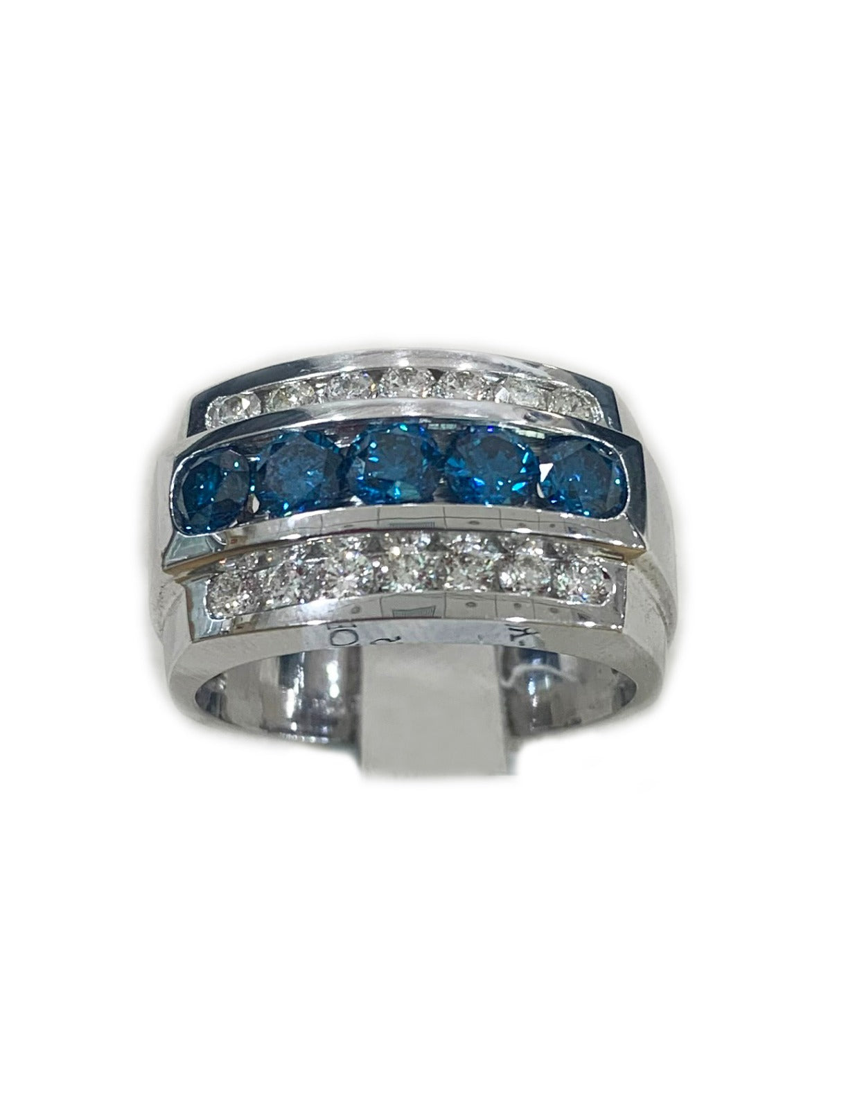 14k White Gold Mens Blue Diamond Ring