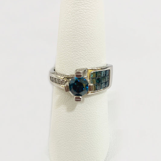 14k White Gold Blue Diamond Ring