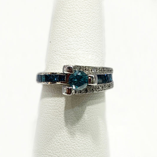 14k White Gold Blue Diamond Ring