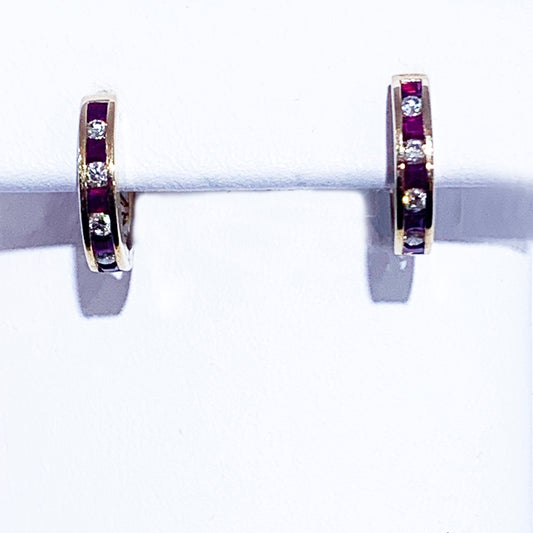14k Yellow Gold Ruby Diamond Hoop Earrings