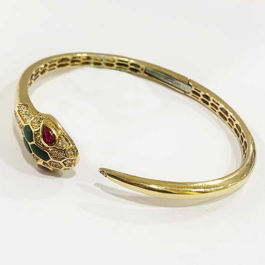14k Yellow Gold Brown Snake Diamond-Ruby-Emerald Bangle