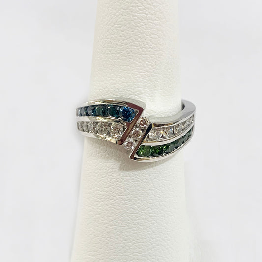 14k White Gold Green/White/Blue Diamond Ring