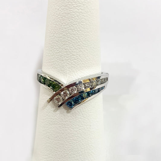 14k White Gold Green/White/Blue Diamond Ring