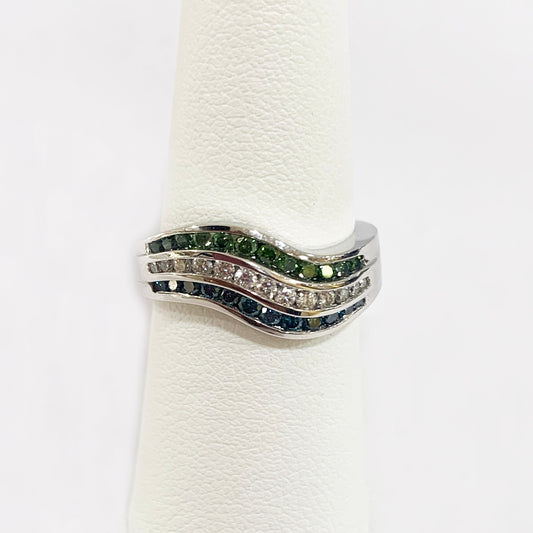 14k White Gold Green/White/Blue Diamond Ring