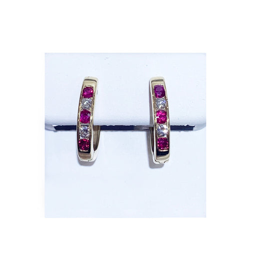 14k Yellow Gold Ruby Diamond Hoop Earrings