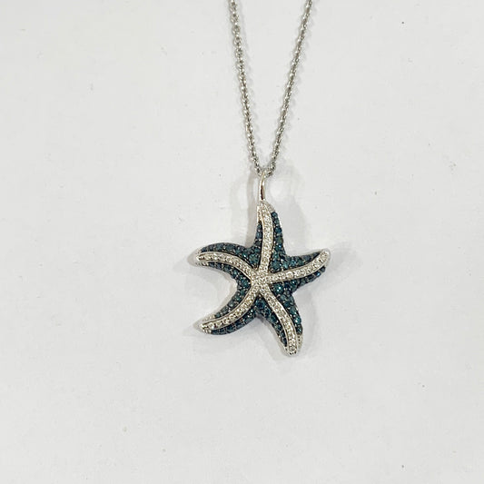 14k White Gold Blue Diamond Starfish Pendant