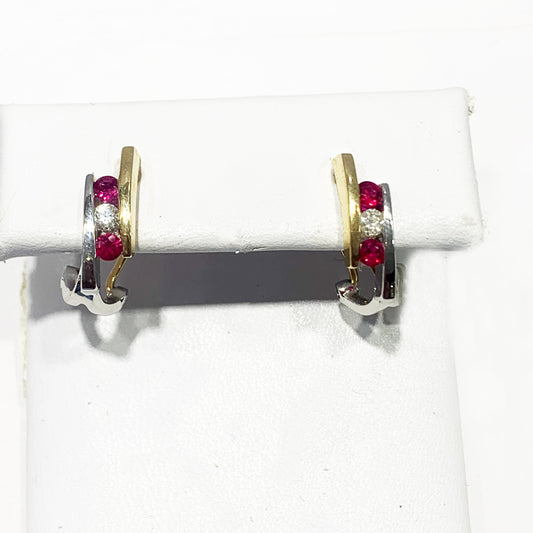 14k Yellow Two Tone Gold Ruby Diamond Earrings