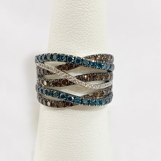 14k White Gold Brown/White/Blue Diamond Ring