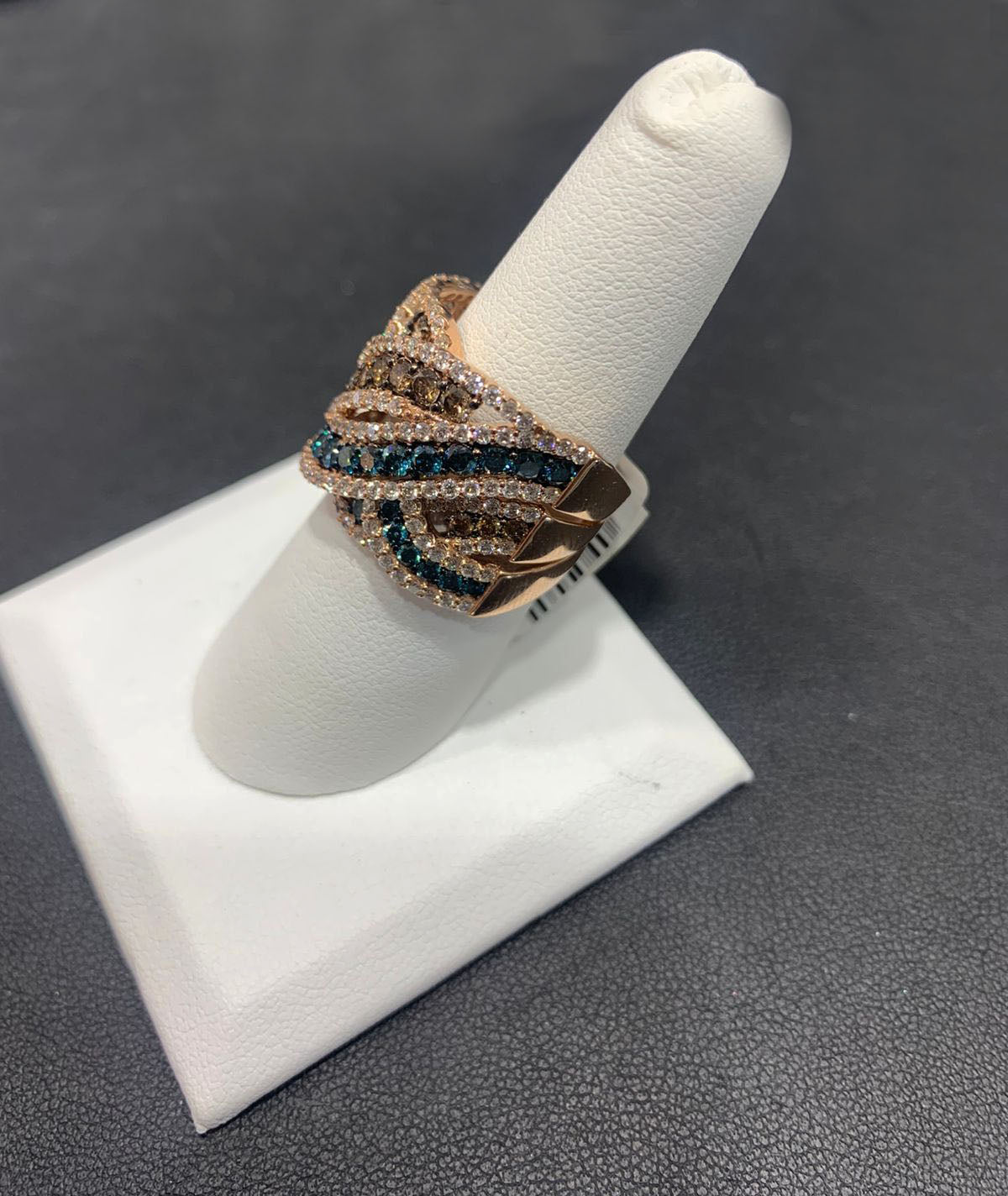 14k Rose Gold Brown, Blue &amp; White Diamond Ring