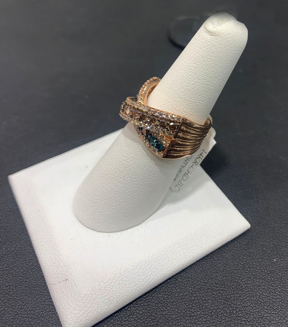 14k Rose Gold Brown, Blue & White Diamond Ring