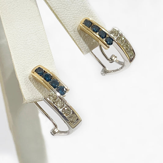 14k Two Tone Gold Blue Diamond Earrings