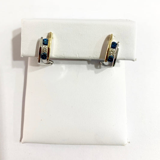 14k Two Tone Gold Blue Diamond Earrings