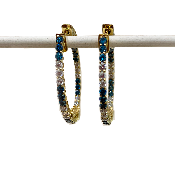14k Yellow Gold Blue Diamond Hoops