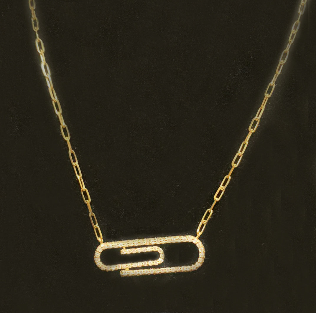 14k Gold Paper Clip Diamond Pendant