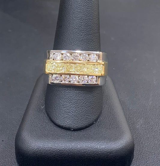 14k Two Tone Mens Yellow Diamond Ring